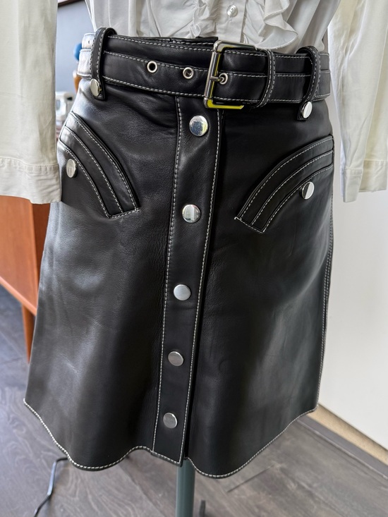 Maje Dresses & Skirts - Maje Black Leather A-Line Skirt with Belt and Snap Front